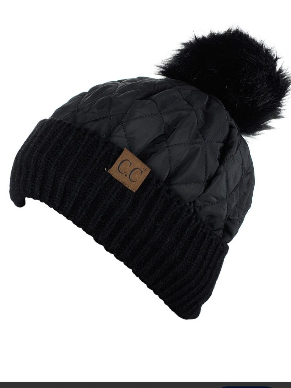 C.C. Black Quilted Beanie with Faux Fur Pom